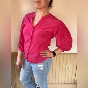 Gerard Darel Paris Fuchsia Blouse Balloon Sleeve Button Up Dopamine Top 36 S